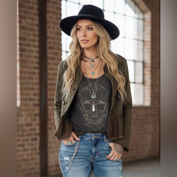 New Free People Flared Ruffle Hem Military Button Jacket Olive Army Green - Picture 12 of 12